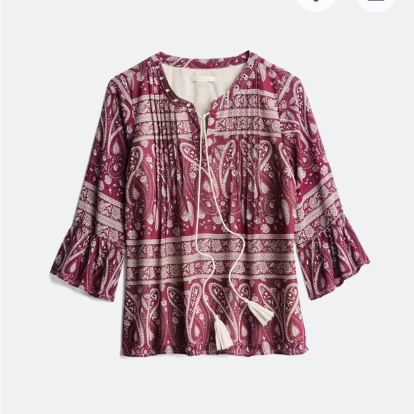 Skies Are Blue Tops - Skies Are Blue Maroon Tan Paisley Tunic Top Pleated V Neckline Grommet Accent